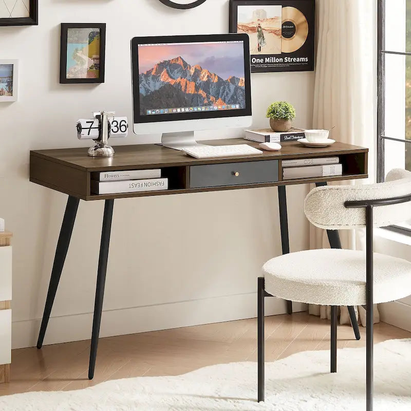 Bureau de style Mid-Century avec ports USB, prise de courant et tiroirs