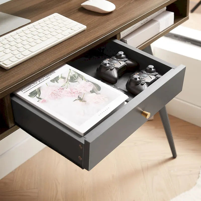 Bureau de style Mid-Century avec ports USB, prise de courant et tiroirs