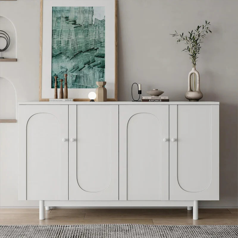 Armoire de rangement 4 portes avec pieds en pin, poignées en bois massif et MDF, pour le salon