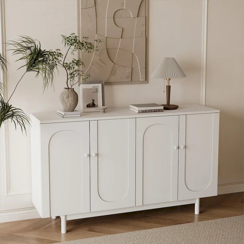 Armoire de rangement 4 portes avec pieds en pin, poignées en bois massif et MDF, pour le salon